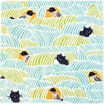 Furoshiki with Cats and Birds in Turquoise
